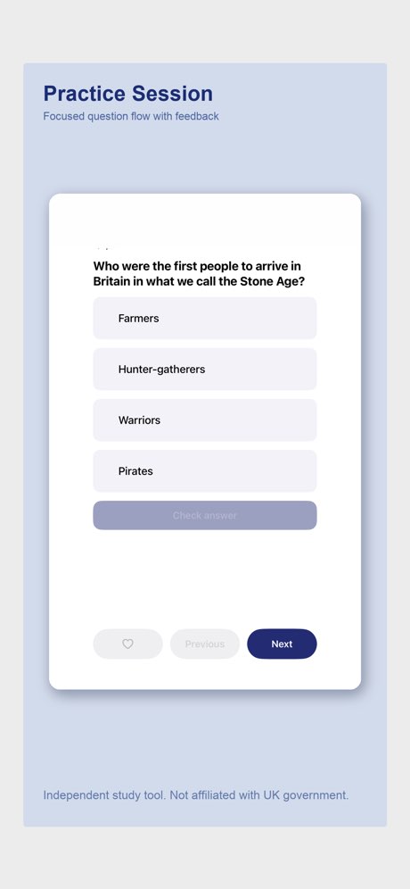 Practice question in the Life in UK Prep app
