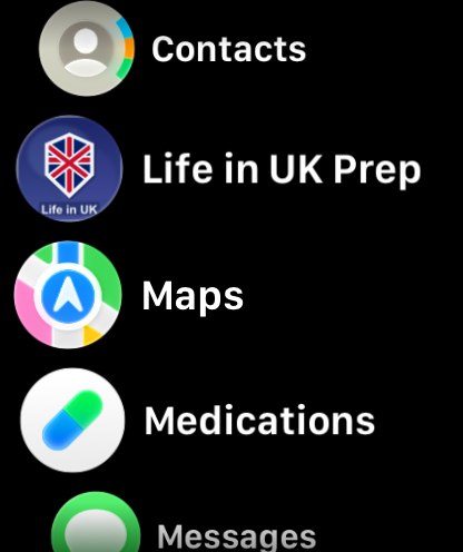 Apple Watch app list showing Life in UK Prep